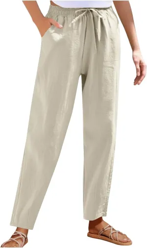 Women's Cotton Linen Straight Leg Pants Elastic Waist Drawstring Casual Trousers Pockets Summer Beach Lounge Pant