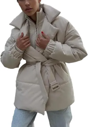 Women's Cotton Puffer Jacket Notch Collar Belted Thicken Thermale Cotton Padded Short Coat For Winter Quilted Jacket