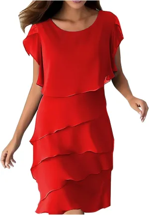 Women's Flowy Chiffon Tiered Midi Dress Summer Elegant Short Sleeve Layered Cocktail Dresses Evening Gown Wedding Guest Dress