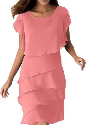 Women's Flowy Chiffon Tiered Midi Dress Summer Elegant Short Sleeve Layered Cocktail Dresses Evening Gown Wedding Guest Dress
