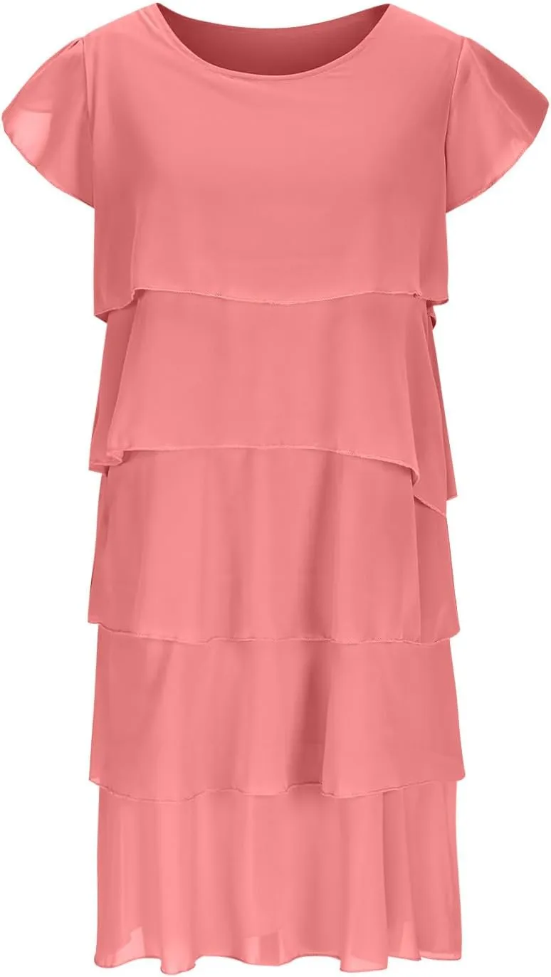 Women's Flowy Chiffon Tiered Midi Dress Summer Elegant Short Sleeve Layered Cocktail Dresses Evening Gown Wedding Guest Dress