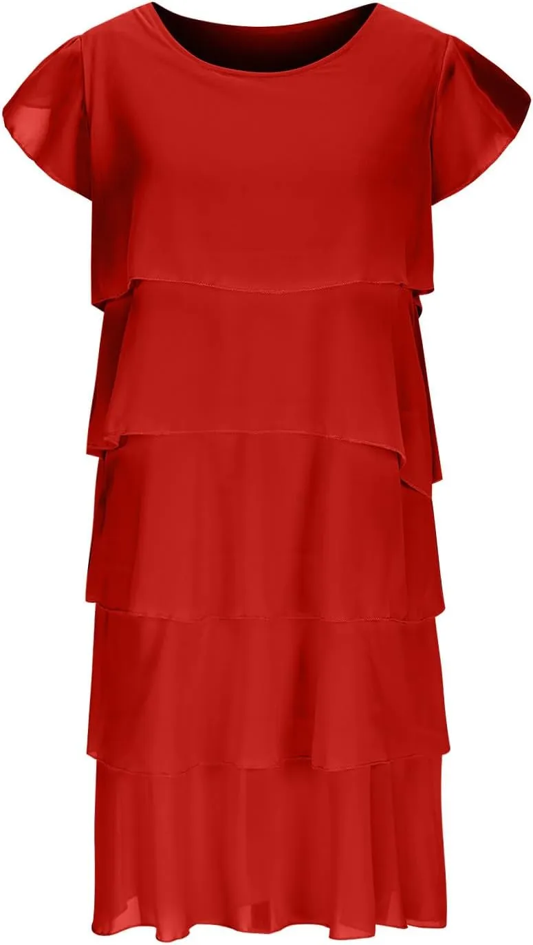 Women's Flowy Chiffon Tiered Midi Dress Summer Elegant Short Sleeve Layered Cocktail Dresses Evening Gown Wedding Guest Dress