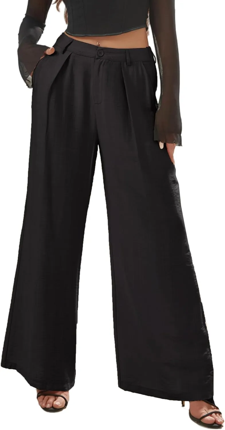 Women's High Waisted Wide Leg Work Pants Casual Button Down Business Trousers