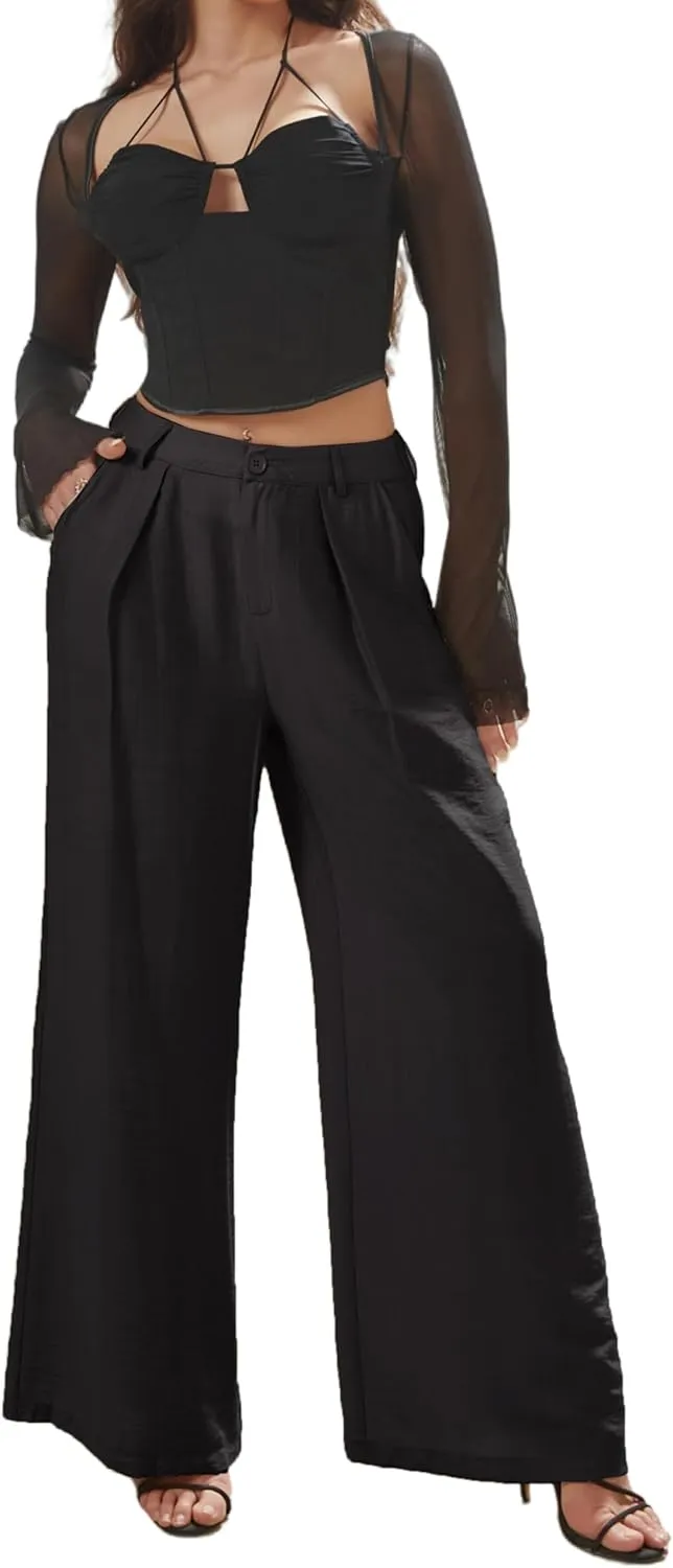 Women's High Waisted Wide Leg Work Pants Casual Button Down Business Trousers