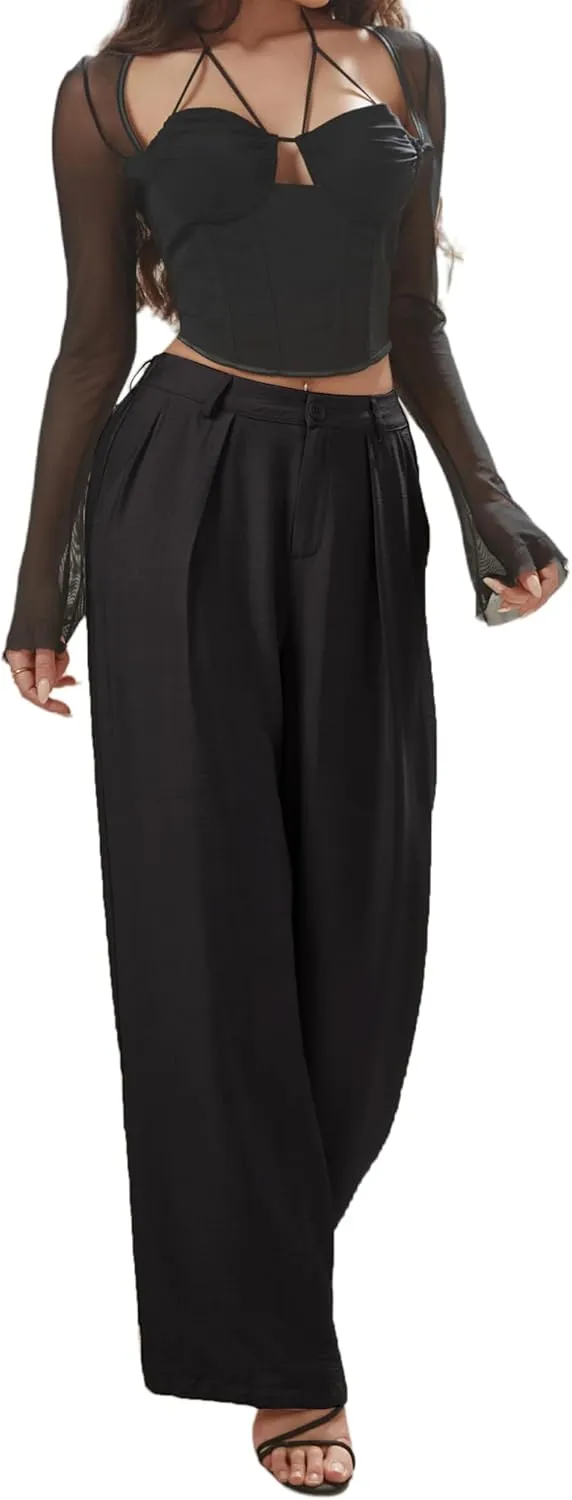 Women's High Waisted Wide Leg Work Pants Casual Button Down Business Trousers