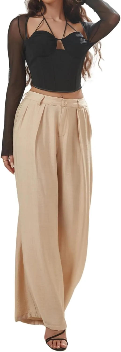 Women's High Waisted Wide Leg Work Pants Casual Button Down Business Trousers