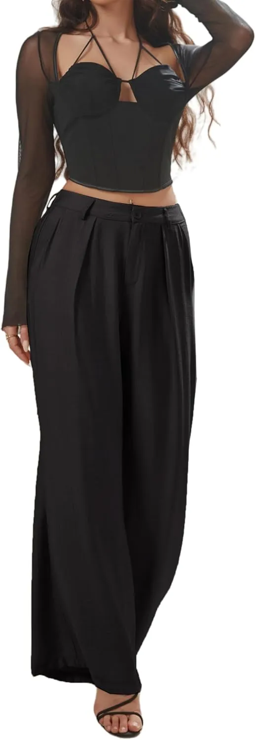 Women's High Waisted Wide Leg Work Pants Casual Button Down Business Trousers