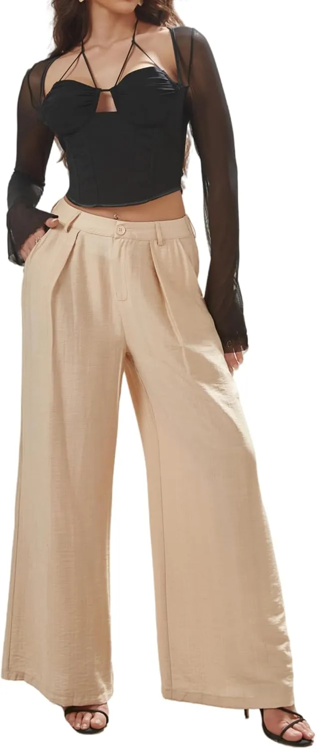 Women's High Waisted Wide Leg Work Pants Casual Button Down Business Trousers