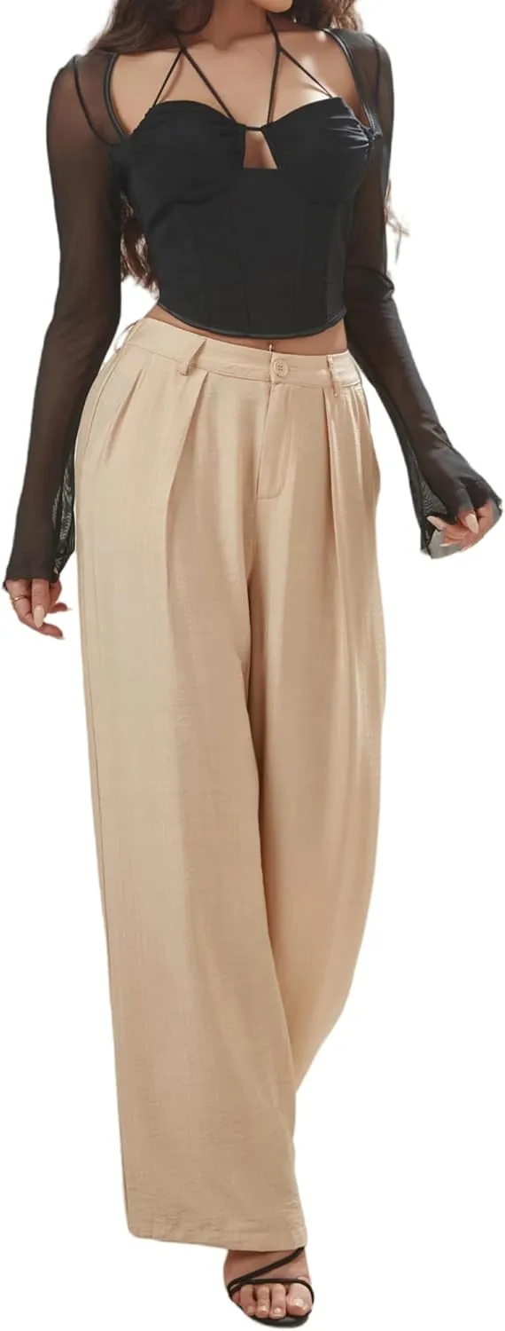 Women's High Waisted Wide Leg Work Pants Casual Button Down Business Trousers
