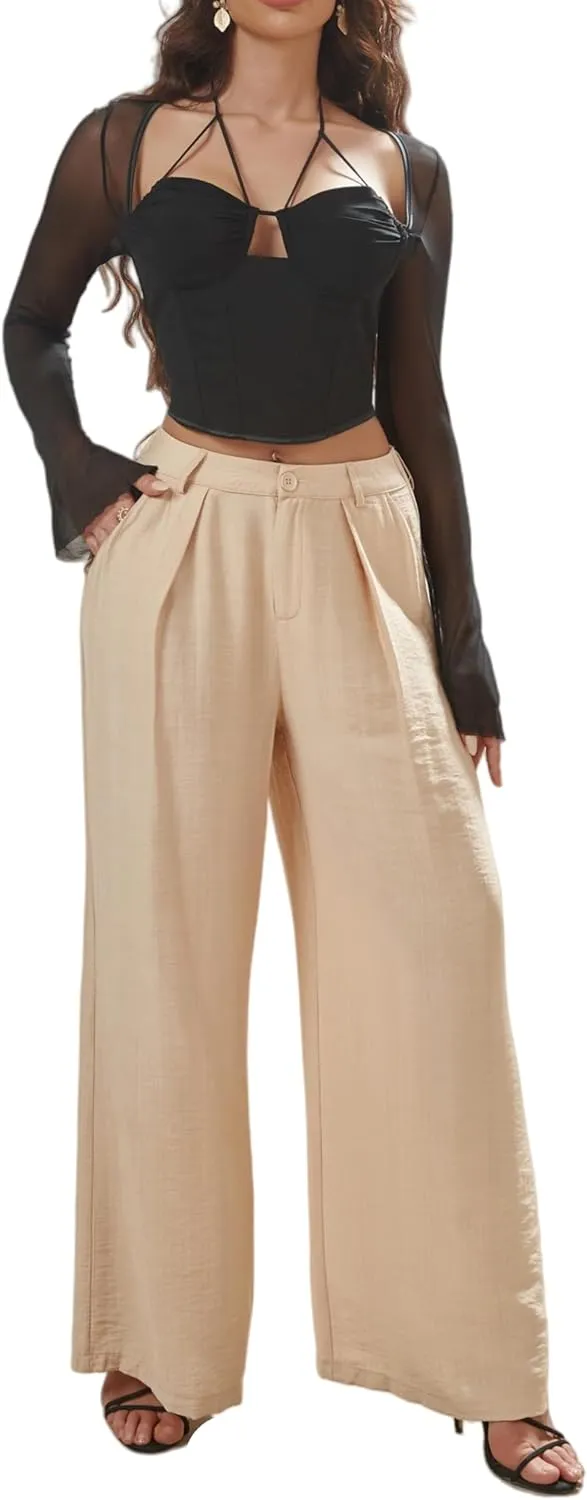 Women's High Waisted Wide Leg Work Pants Casual Button Down Business Trousers