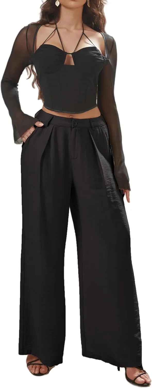 Women's High Waisted Wide Leg Work Pants Casual Button Down Business Trousers