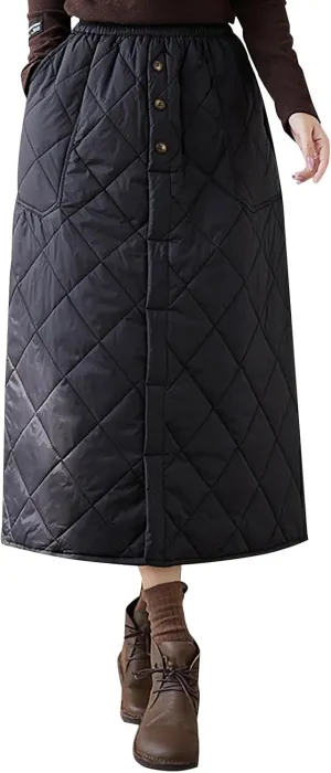 Womens Insulated Long Down Skirt Winter Warm Padded Puffer Quilted Skirt with Pockets Windproof A-Line Skirt