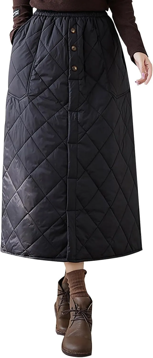 Womens Insulated Long Down Skirt Winter Warm Padded Puffer Quilted Skirt with Pockets Windproof A-Line Skirt