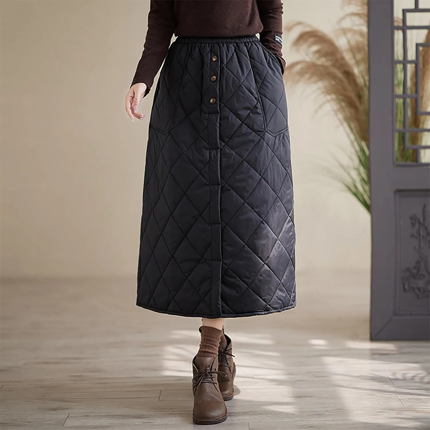 Womens Insulated Long Down Skirt Winter Warm Padded Puffer Quilted Skirt with Pockets Windproof A-Line Skirt