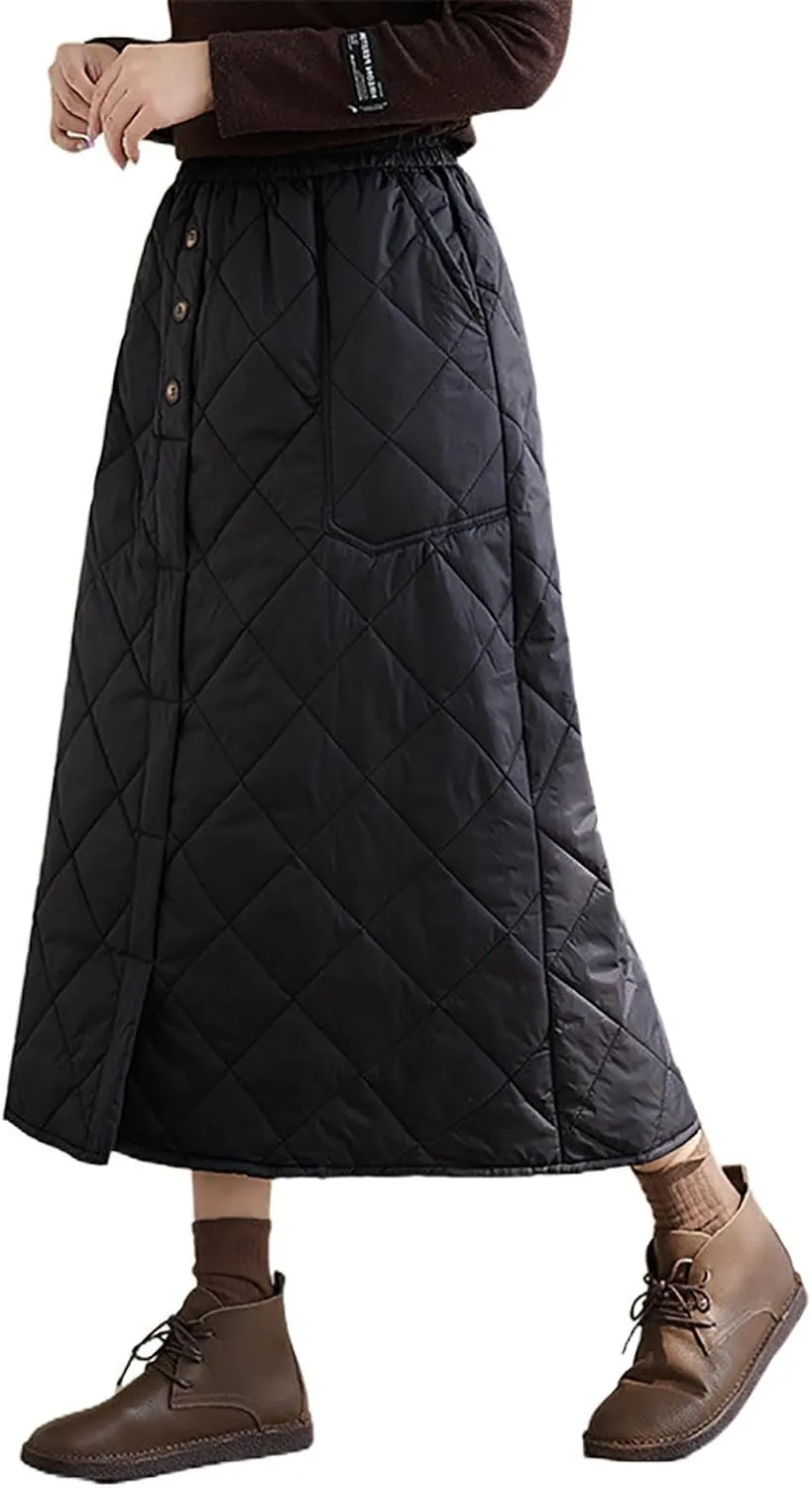 Womens Insulated Long Down Skirt Winter Warm Padded Puffer Quilted Skirt with Pockets Windproof A-Line Skirt