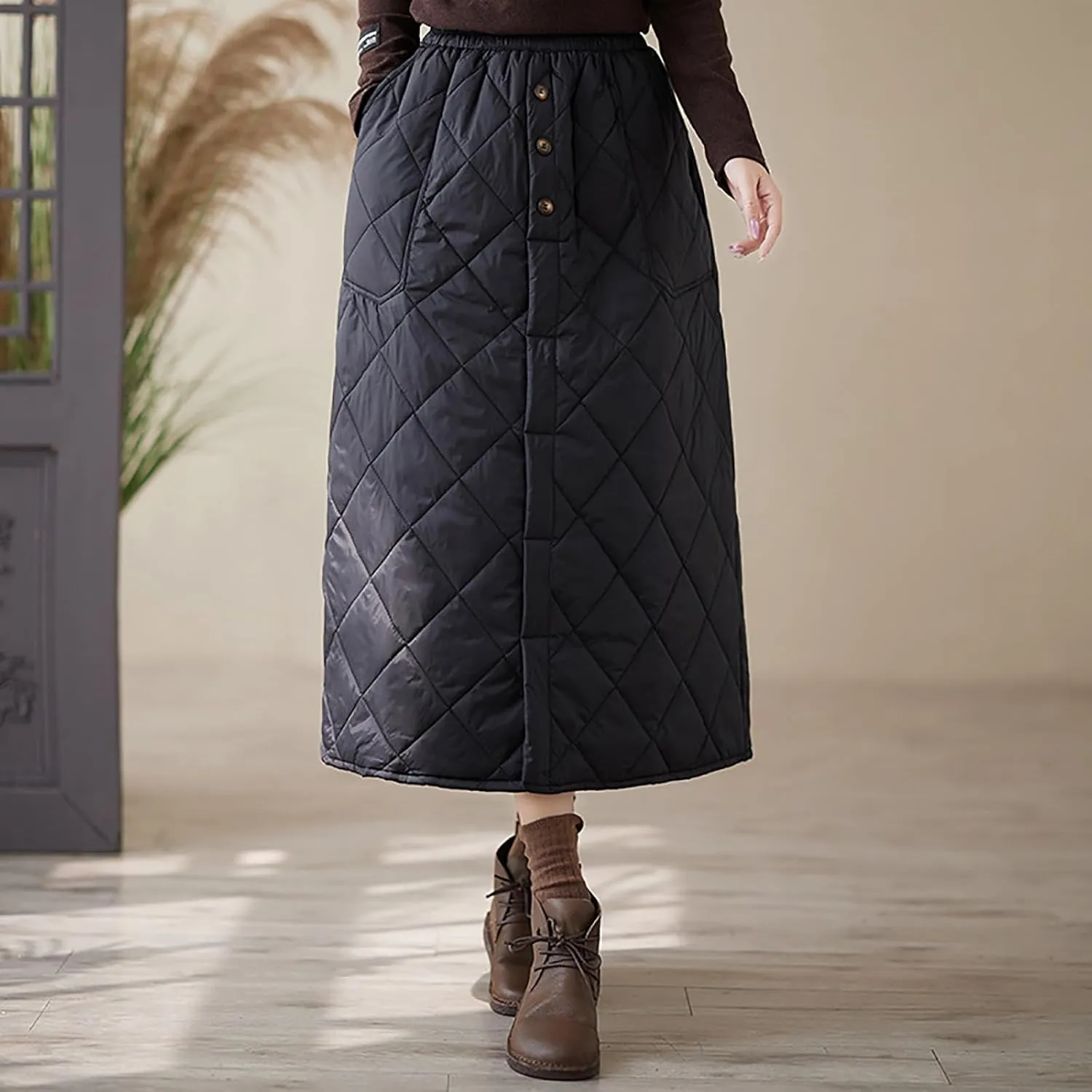 Womens Insulated Long Down Skirt Winter Warm Padded Puffer Quilted Skirt with Pockets Windproof A-Line Skirt