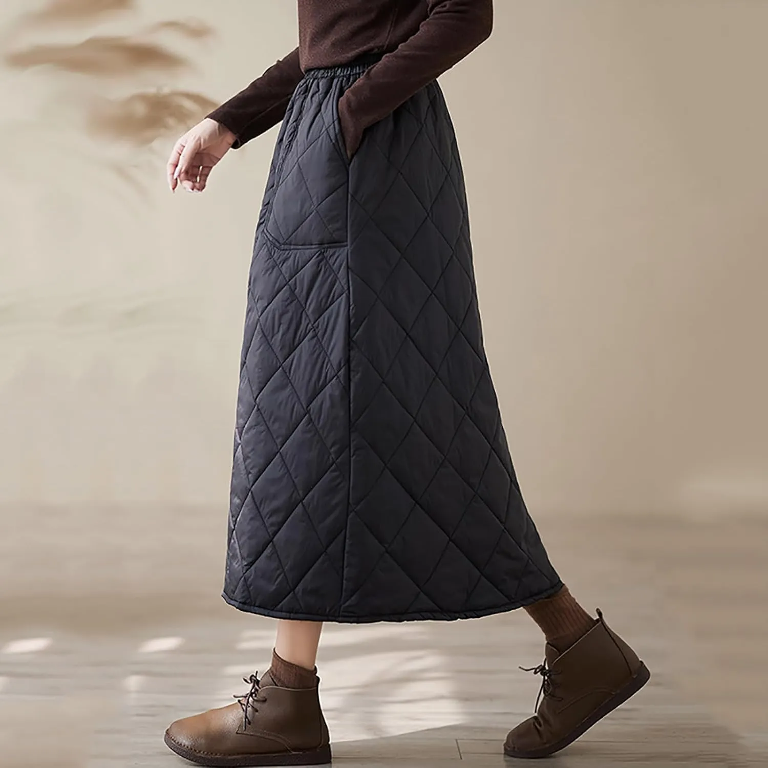Womens Insulated Long Down Skirt Winter Warm Padded Puffer Quilted Skirt with Pockets Windproof A-Line Skirt