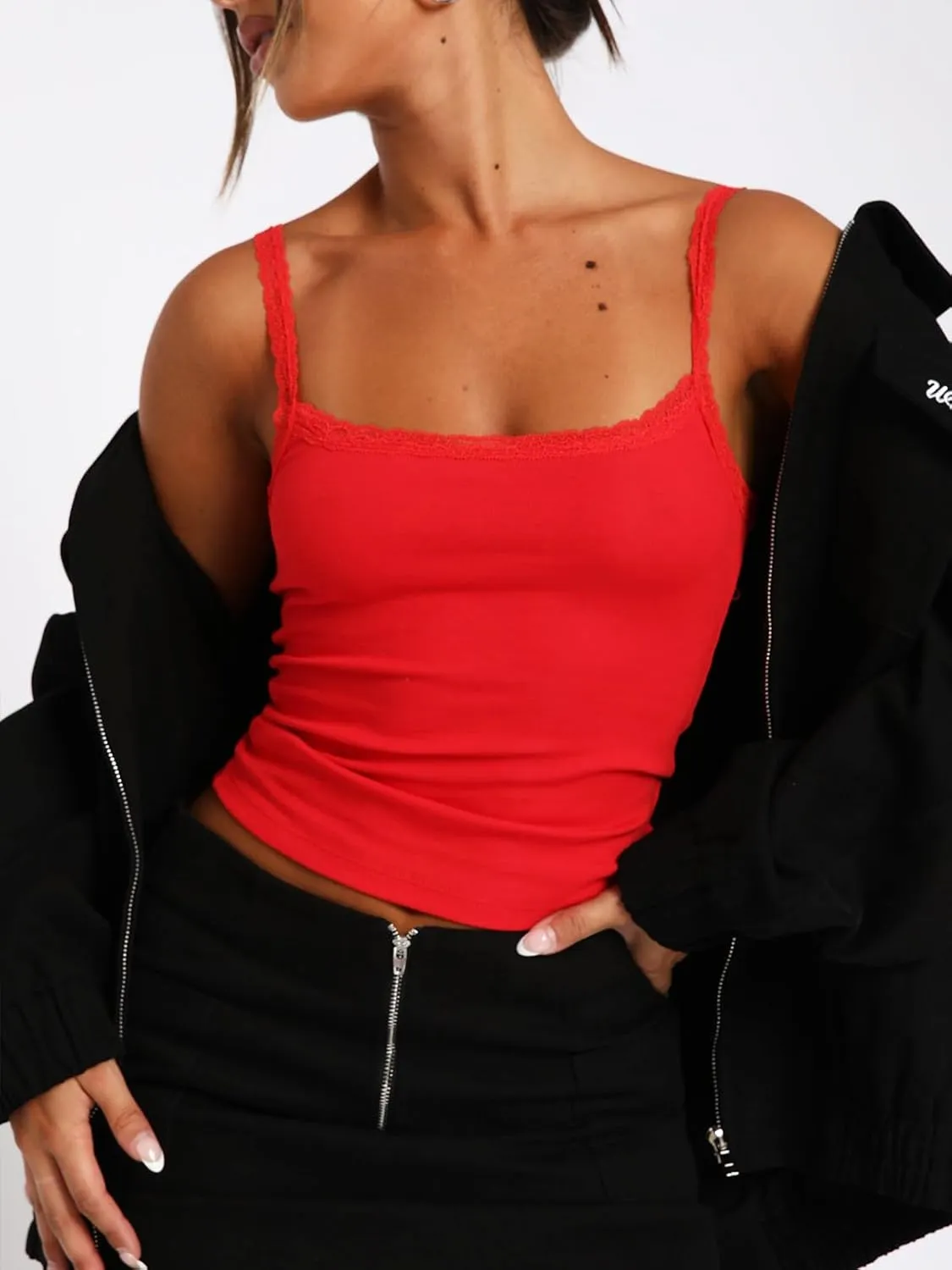 Womens Lace Camisole Ribbed Spaghetti Strap Tank Top Y2K Undershirts Cami Tops Summer Clothes Basics Clothing