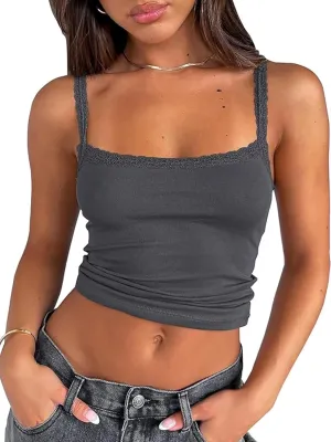 Womens Lace Camisole Ribbed Spaghetti Strap Tank Top Y2K Undershirts Cami Tops Summer Clothes Basics Clothing