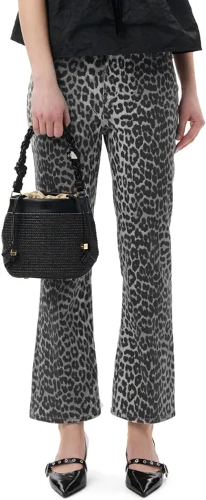 Women's Leopard Bell Bottom Jeans Cropped Mid Rise Stretchy Cheetah Print Flared Demin Pants