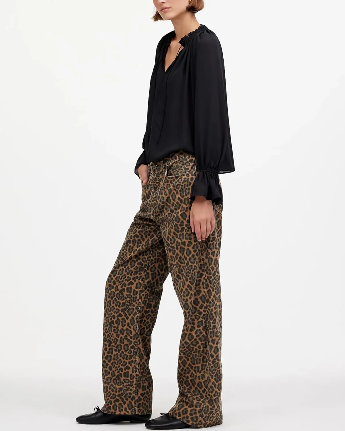 Women's Leopard Printed Jeans Full Length Mid Rise Cheetah Print Demin Baggy Pants