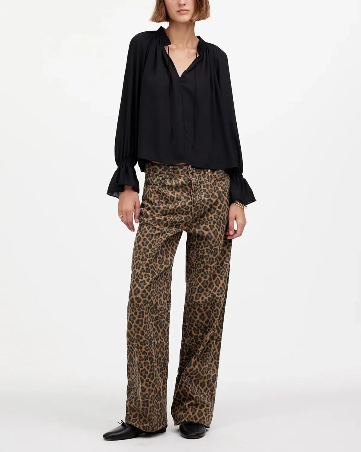 Women's Leopard Printed Jeans Full Length Mid Rise Cheetah Print Demin Baggy Pants