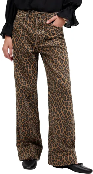 Women's Leopard Printed Jeans Full Length Mid Rise Cheetah Print Demin Baggy Pants