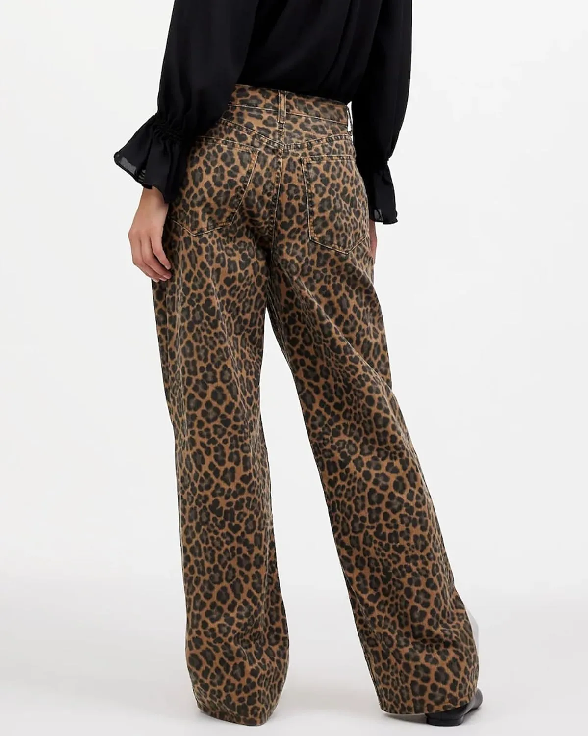 Women's Leopard Printed Jeans Full Length Mid Rise Cheetah Print Demin Baggy Pants