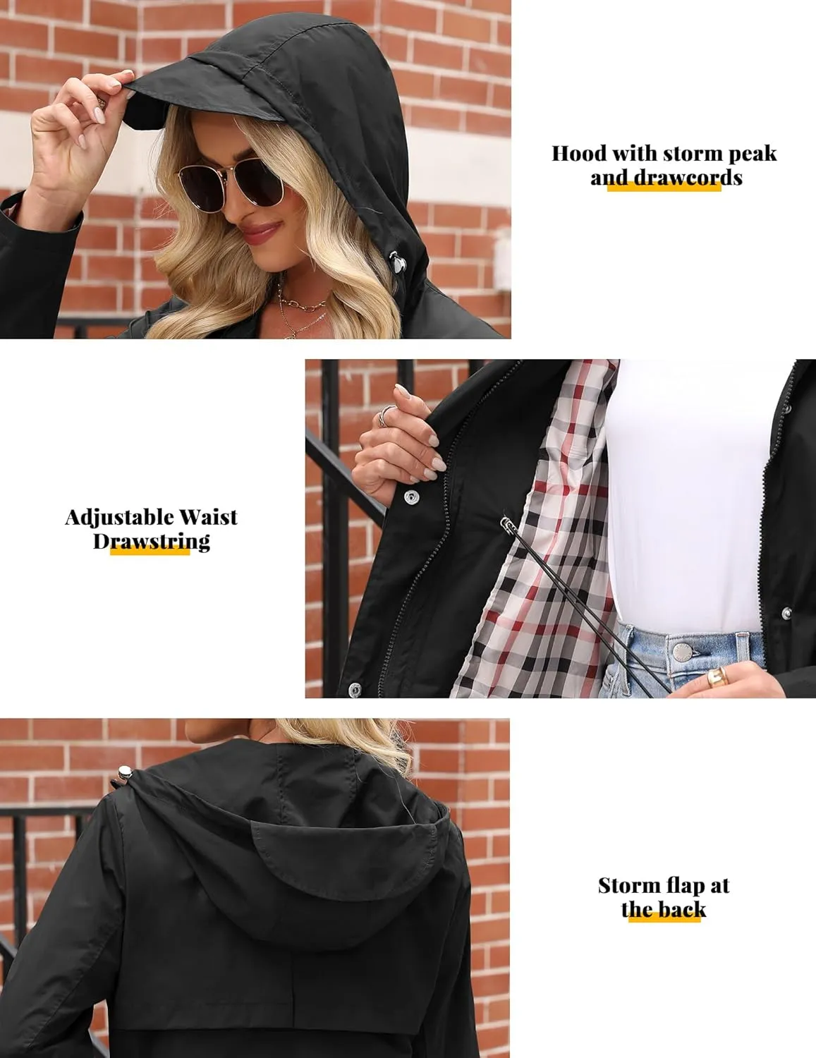Women's Rain Jacket Lightweight Raincoat Lined Windbreaker Waterproof Long Hooded Trench Coats S-XXL