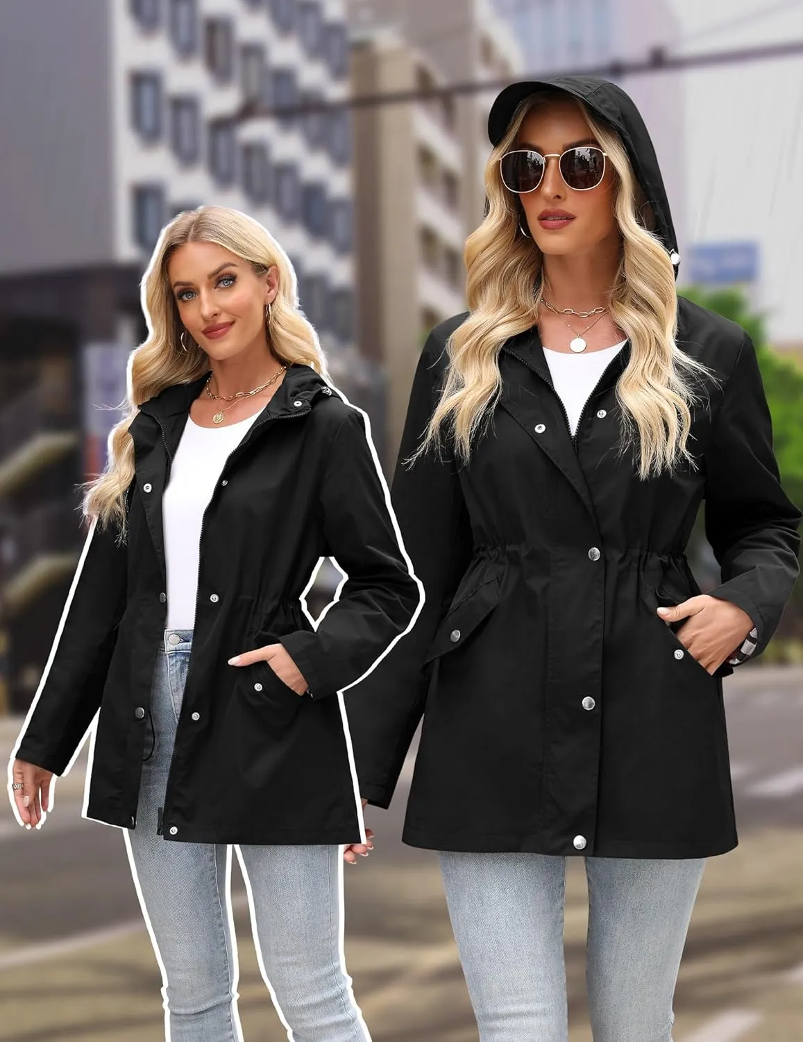 Women's Rain Jacket Lightweight Raincoat Lined Windbreaker Waterproof Long Hooded Trench Coats S-XXL