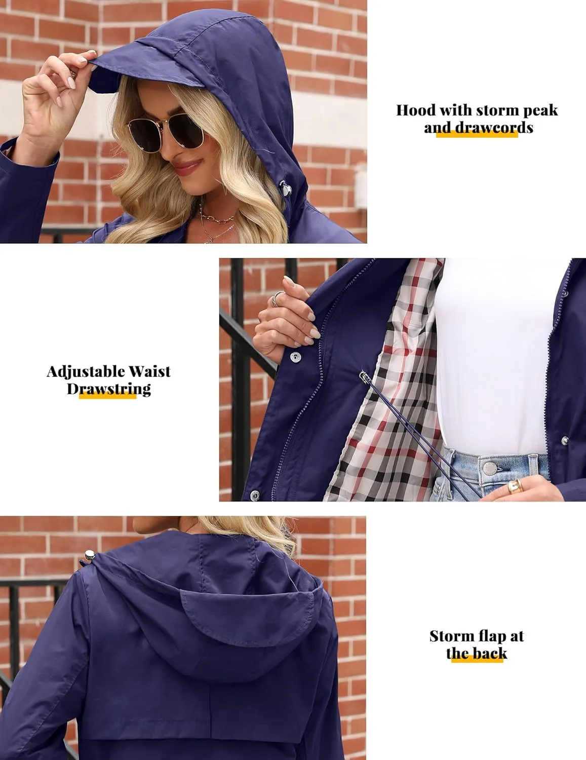 Women's Rain Jacket Lightweight Raincoat Lined Windbreaker Waterproof Long Hooded Trench Coats S-XXL