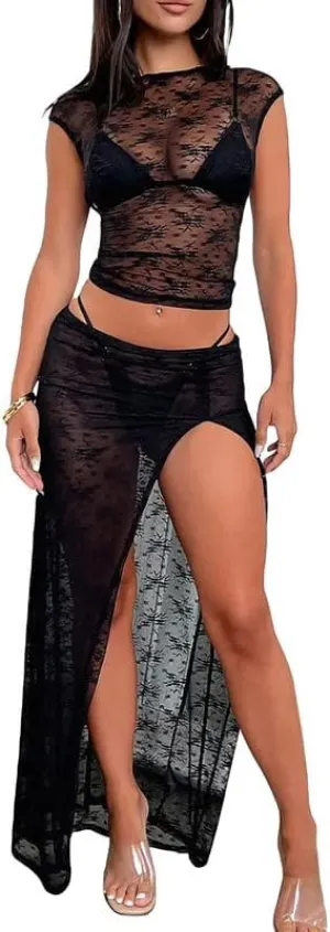 Women's Sexy Two Piece Long Skirt Set Halter Crop Tube Top and Split Maxi Skirt Summer Outfits Y2k Clubwear(A3- Black,S)