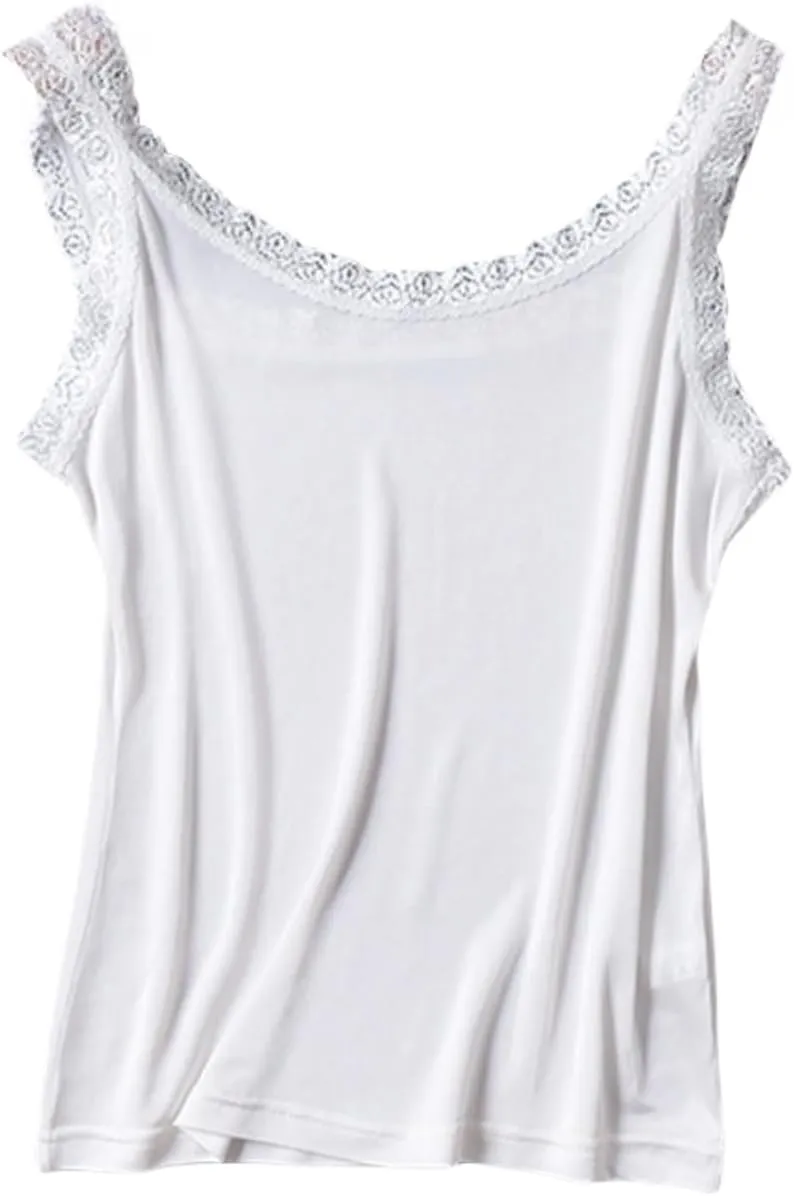 Women's Silk Camisole Top with Lace Trim - V-Neck Sleeveless Blouse,Breathable Mulberry Silk,Beach Vacation Outfits