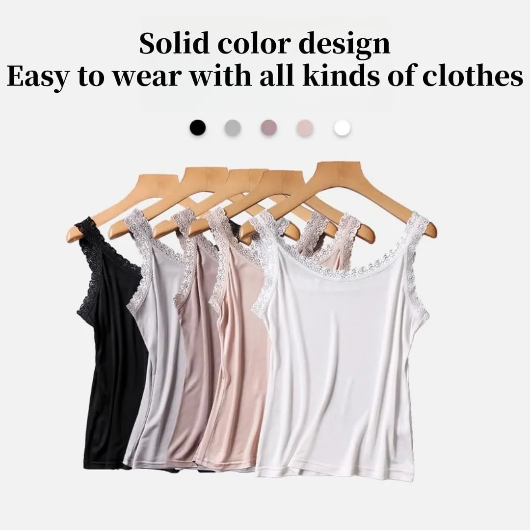 Women's Silk Camisole Top with Lace Trim - V-Neck Sleeveless Blouse,Breathable Mulberry Silk,Beach Vacation Outfits