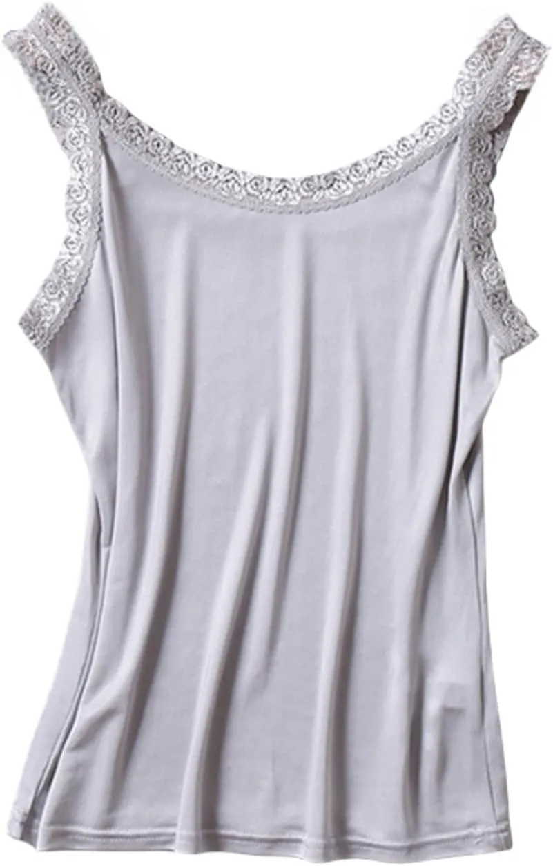 Women's Silk Camisole Top with Lace Trim - V-Neck Sleeveless Blouse,Breathable Mulberry Silk,Beach Vacation Outfits