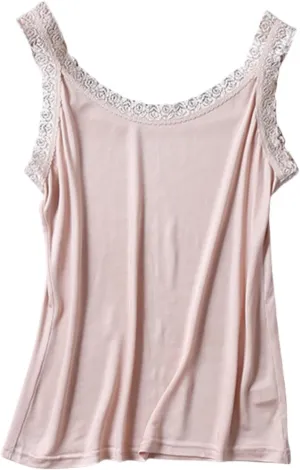 Women's Silk Camisole Top with Lace Trim - V-Neck Sleeveless Blouse,Breathable Mulberry Silk,Beach Vacation Outfits