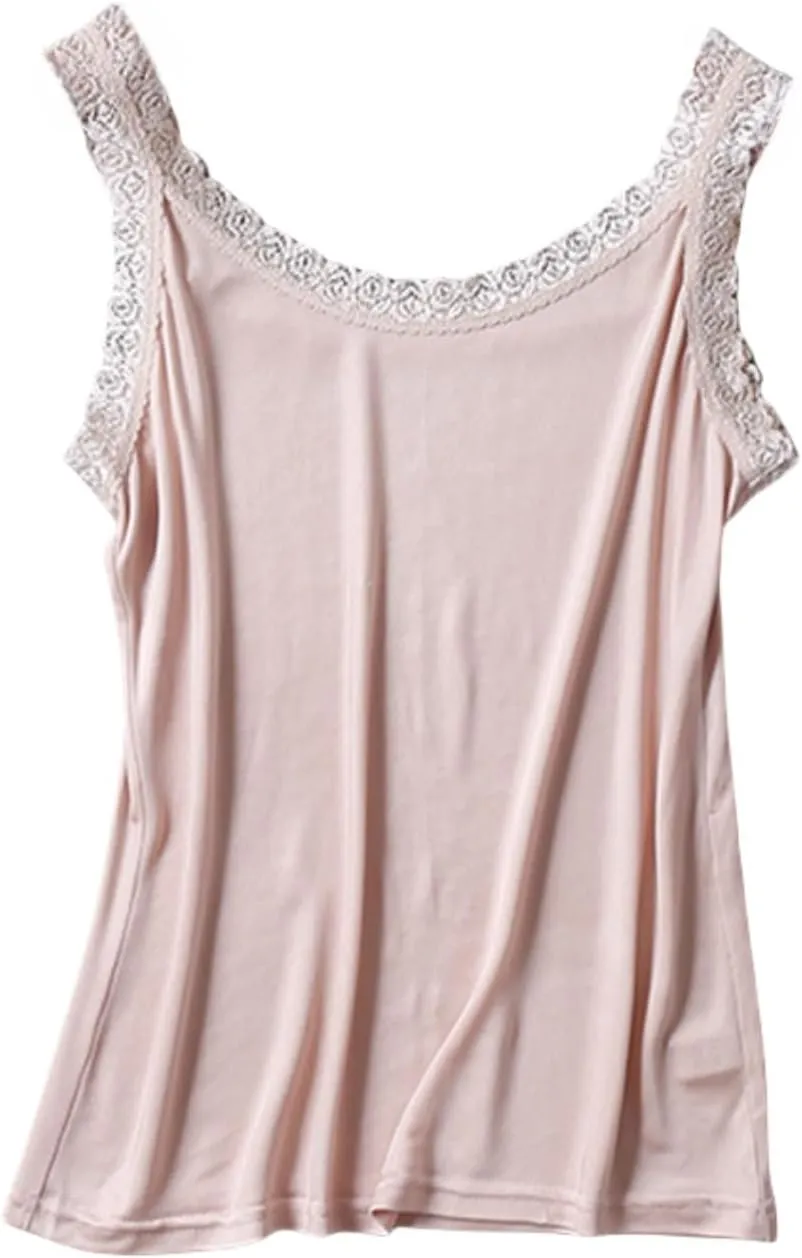 Women's Silk Camisole Top with Lace Trim - V-Neck Sleeveless Blouse,Breathable Mulberry Silk,Beach Vacation Outfits