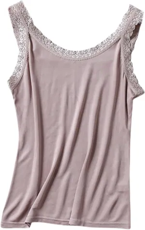 Women's Silk Camisole Top with Lace Trim - V-Neck Sleeveless Blouse,Breathable Mulberry Silk,Beach Vacation Outfits