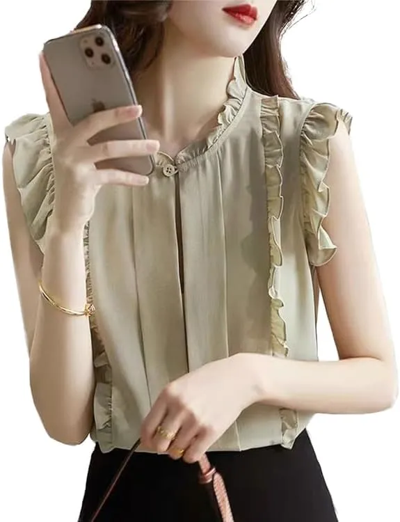 Womens Sleeveless Chiffon Blouses Summer Mock Neck Peasant Tops for Women Dressy