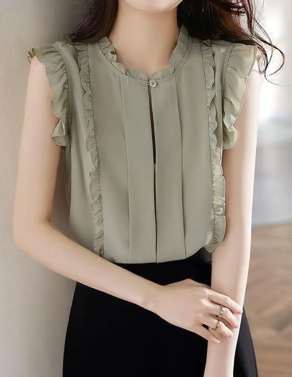 Womens Sleeveless Chiffon Blouses Summer Mock Neck Peasant Tops for Women Dressy