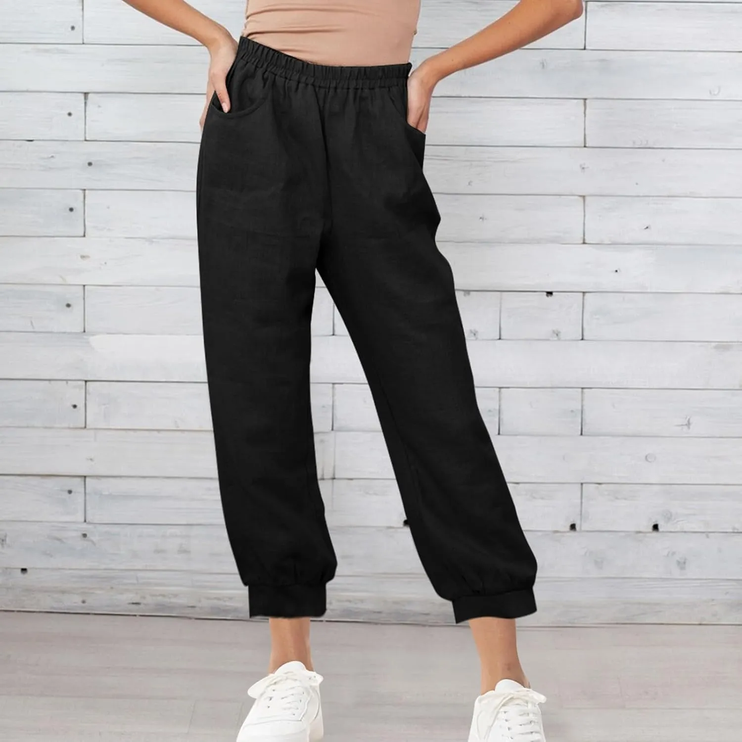 Womens Summer Pants Loose Cotton Linen Wide Leg Pant High Wiast Beach Travel Vacation Lounge Trousers with Pockets