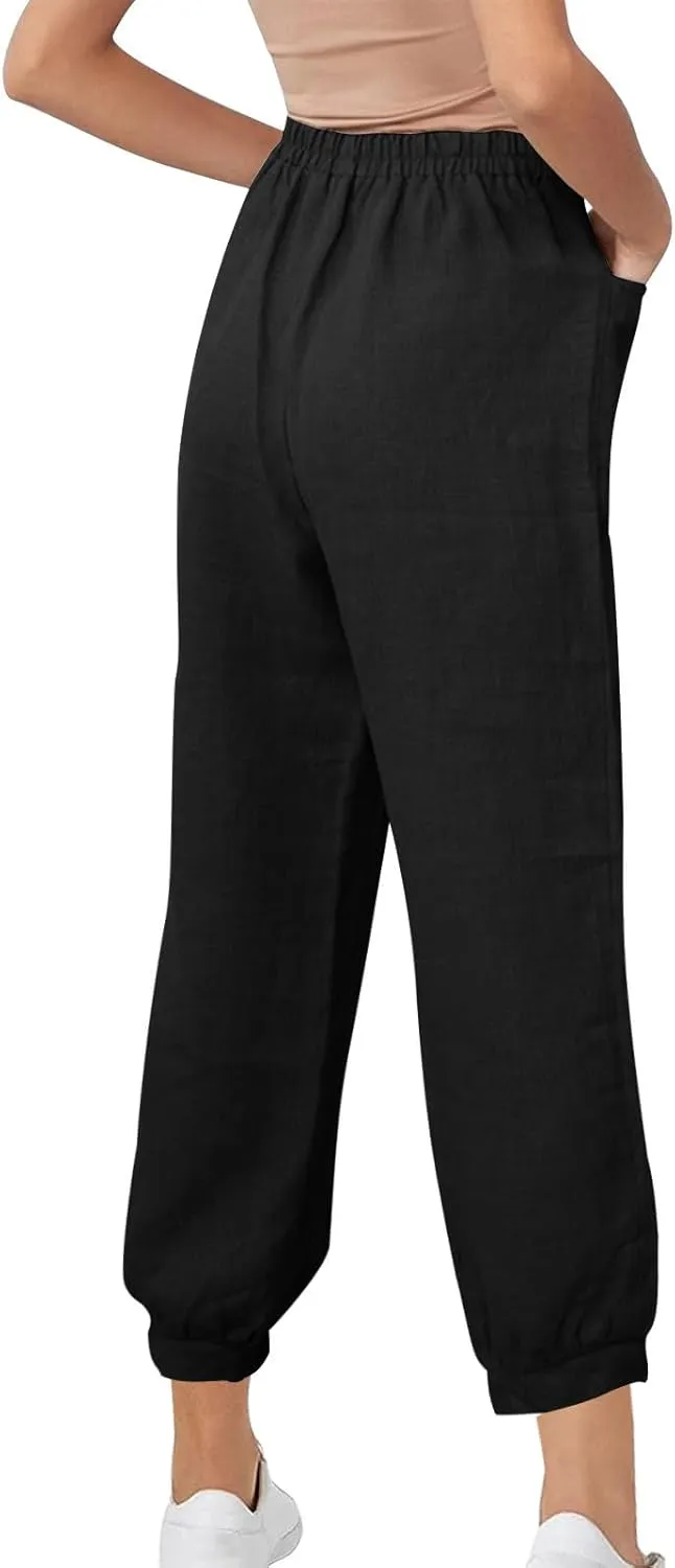 Womens Summer Pants Loose Cotton Linen Wide Leg Pant High Wiast Beach Travel Vacation Lounge Trousers with Pockets