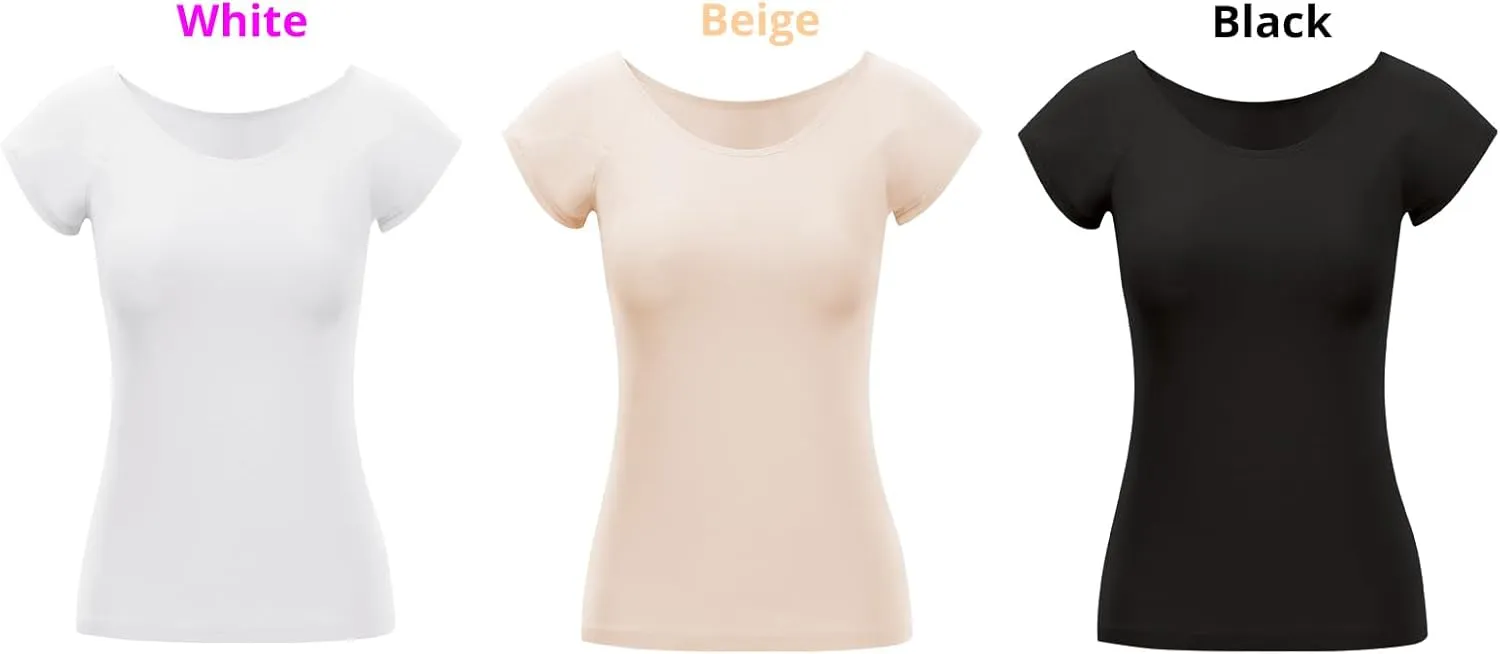 Womens Sweatproof Slim Fit T-Shirts,Scoop Neck,Short Sleeve with Underarm Sweat Pads,Stretchy Basic Undershirts