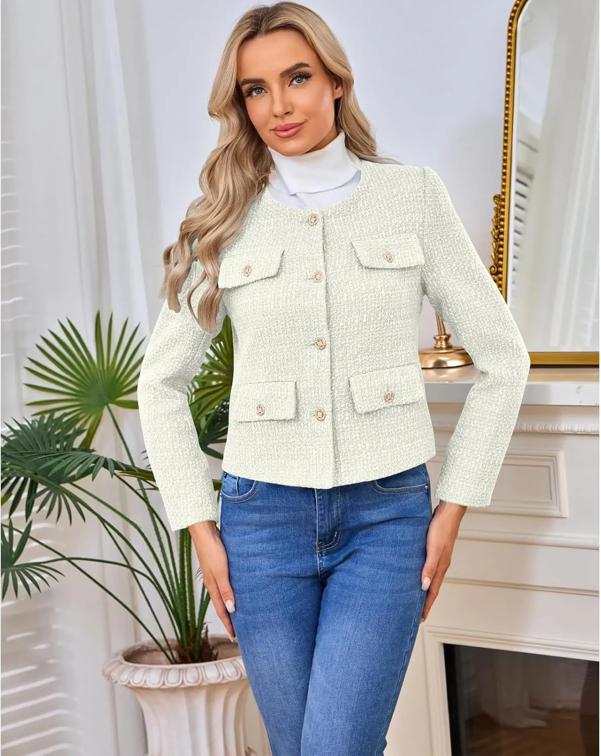 Women's Tweed Blazers Jackets Casual Long Sleeve Button Down Business Short Casual Cropped Coats