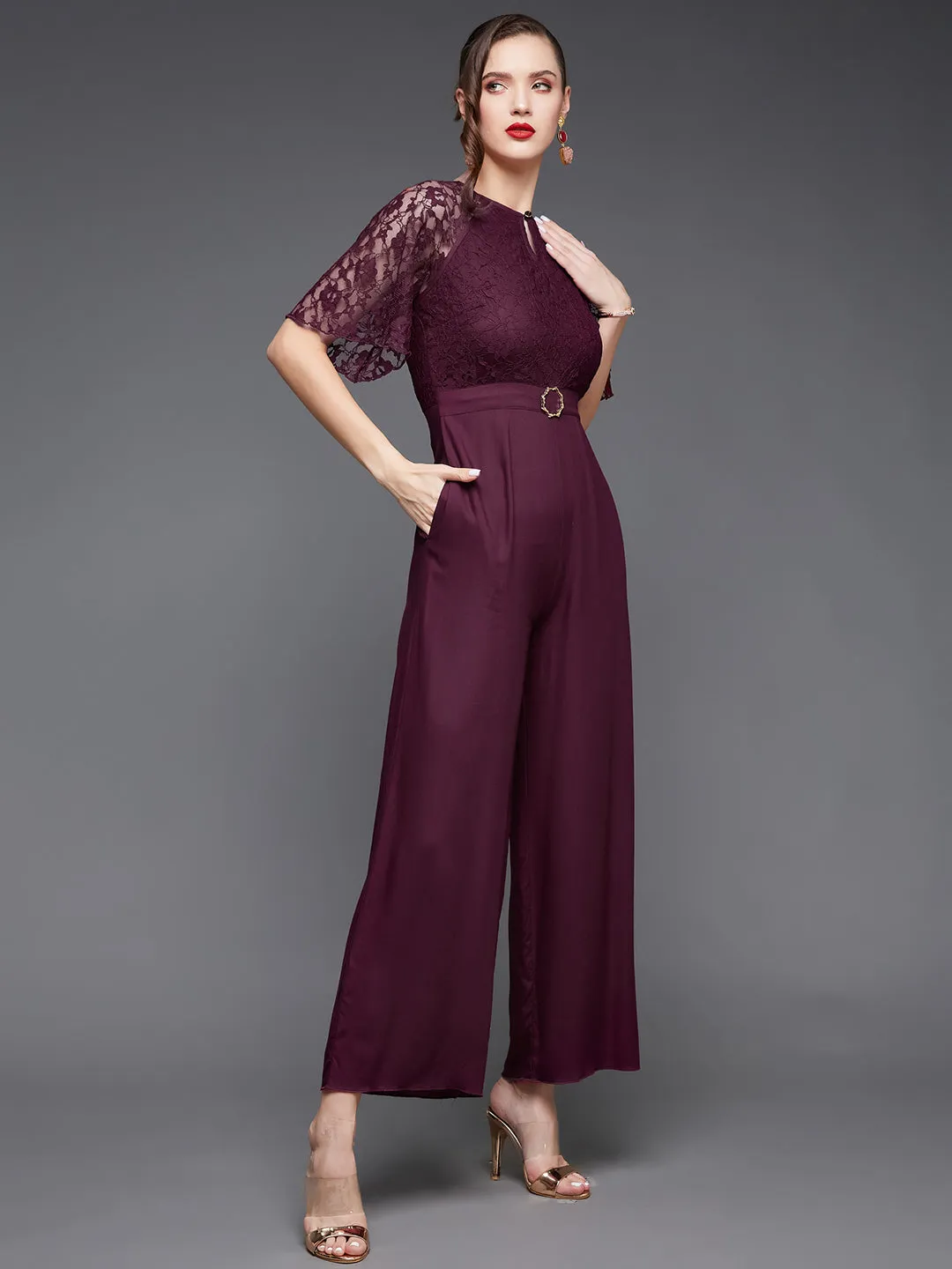 Women's Wine Round Neck Flared Sleeve Floral Raglan Regular Jumpsuit