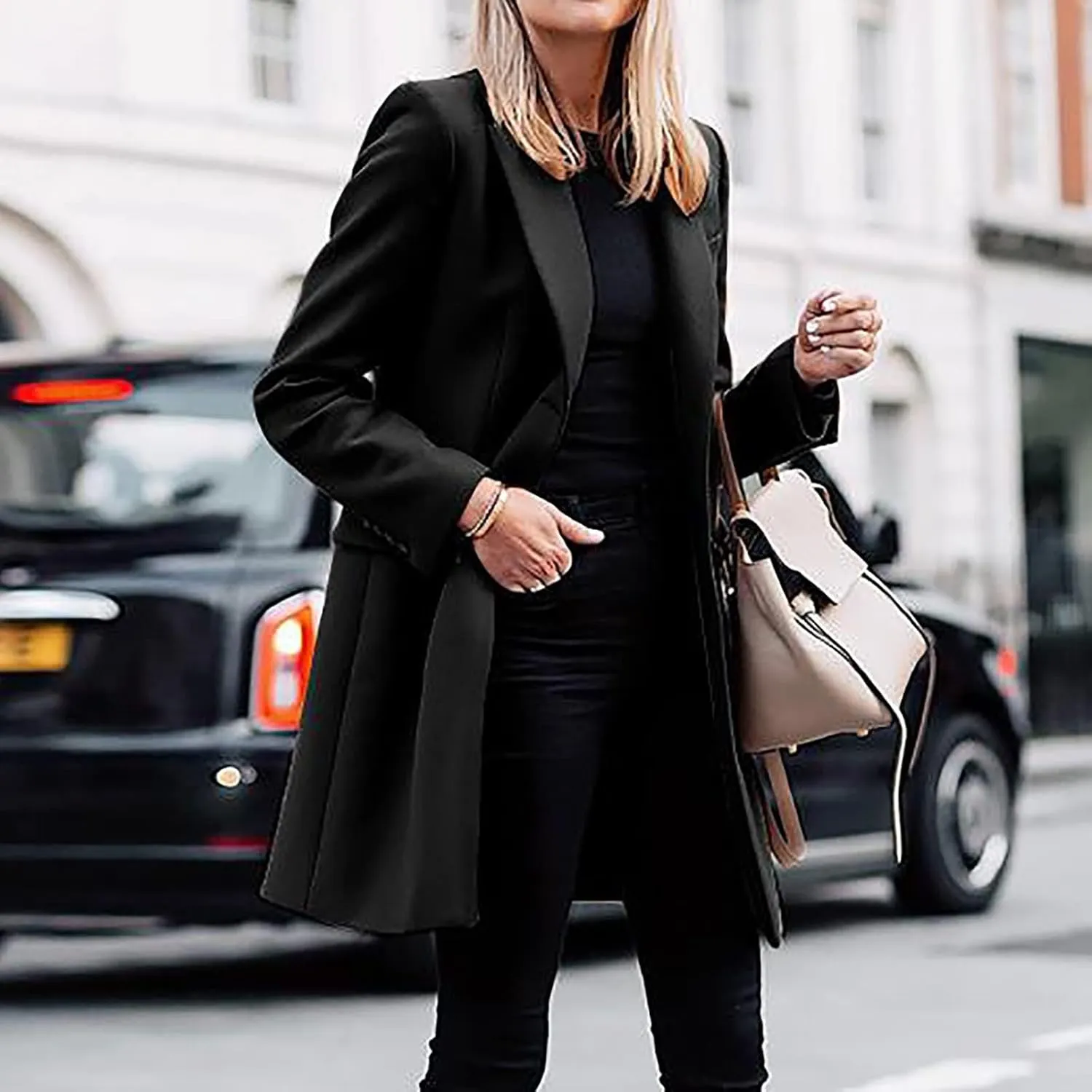 Women's Winter Casual Long Wool Blend Pea Coat Overcoat Notched Lapel Collar Trench Coat Belted Long Jacket Outerwear
