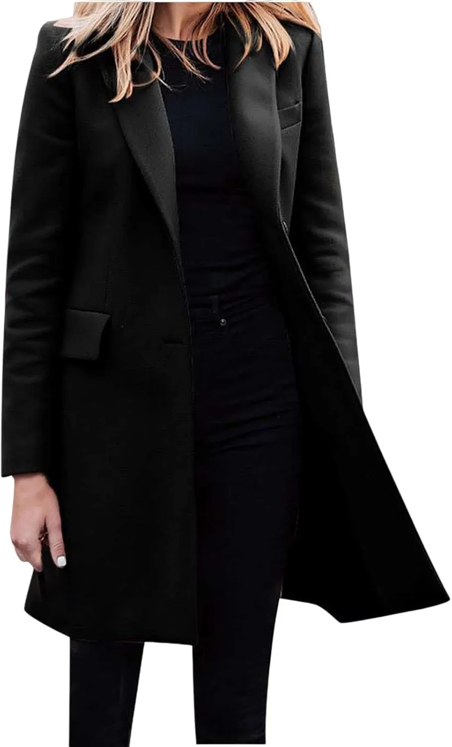 Women's Winter Casual Long Wool Blend Pea Coat Overcoat Notched Lapel Collar Trench Coat Belted Long Jacket Outerwear