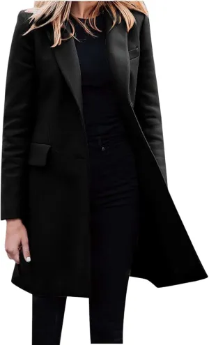 Women's Winter Casual Long Wool Blend Pea Coat Overcoat Notched Lapel Collar Trench Coat Belted Long Jacket Outerwear