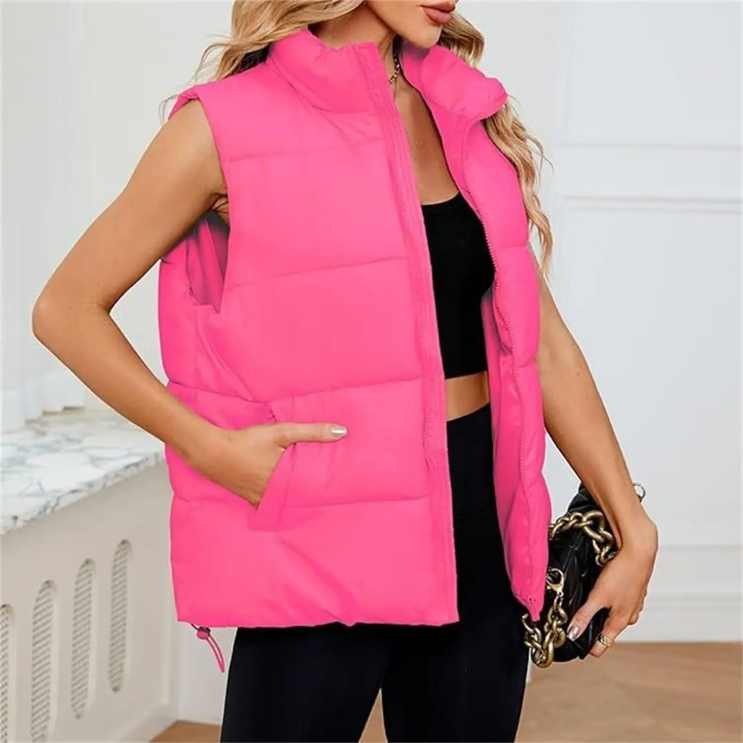 Women's Winter Sleeveless Padded Jacket Medium Long Standing Collar Warm Cotton Vest Thicken Waistcoat