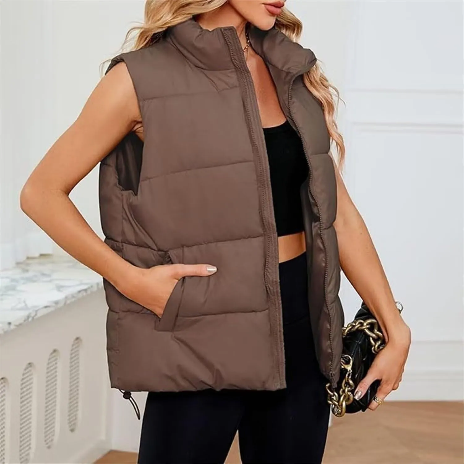 Women's Winter Sleeveless Padded Jacket Medium Long Standing Collar Warm Cotton Vest Thicken Waistcoat